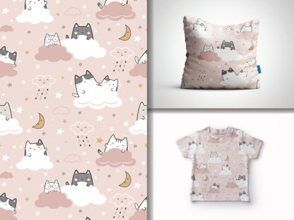 Seamless Pattern Kawaii Cute Cats Sleepi